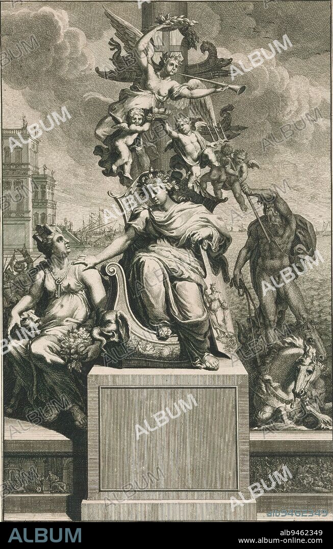 Allegorical representation with woman on throne, city maiden and Neptune, A crowned woman sits on a throne in the shape of a boat with elephant's head. She places her hand on the shoulder of the seated city maiden with mural crown, horn of plenty and lion beside her. To the right on the sea stands Neptune on his chariot pulled by horses. Above the throne fly putti with a crown and Fama with a laurel wreath. On the left in the background, ships dock at a building., print maker: anonymous, 1650 - 1750, paper, engraving, height 319 mm × width 201 mm.