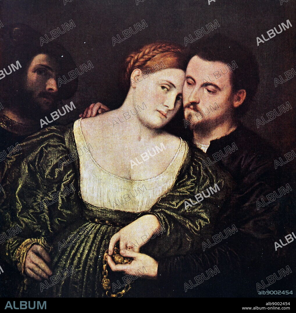 Painting titled 'The Venetian Lovers' by Paris Bordone. Paris Bordon (1500-1571) an Italian painter of the Venetian Renaissance.