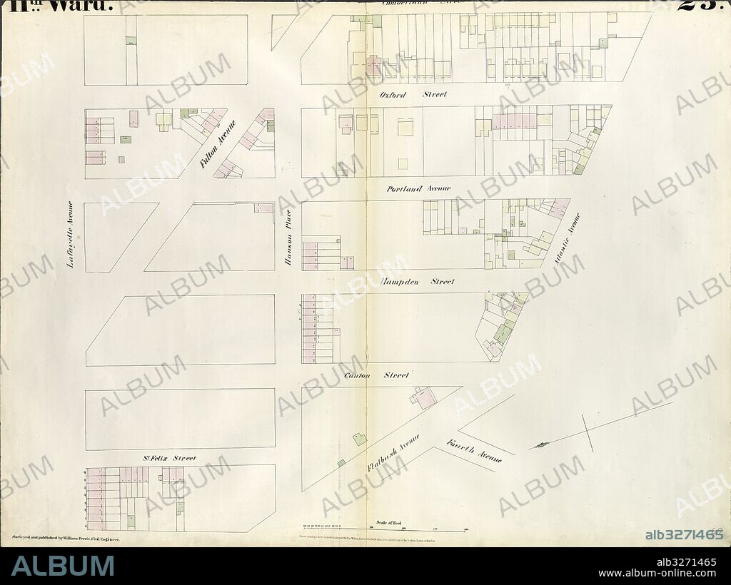 Plate 23: Map bounded by Lafayette Avenue, Cumberland Street, Atlantic Avenue, 4th Avenue, Raymond Street. 1855, William Perris, Brooklyn, New York, N.Y., USA.