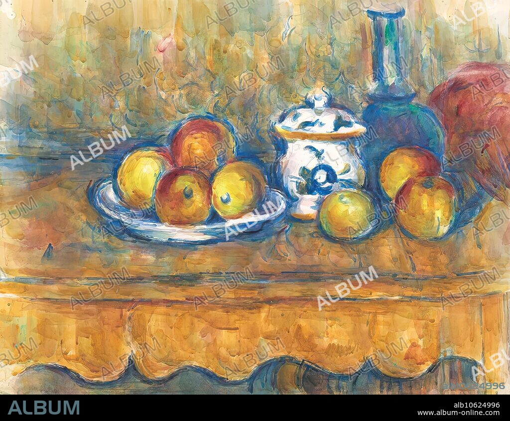 PAUL CEZANNE. Still life with blue bottle, sugar bowl and apples, 1900-1906.