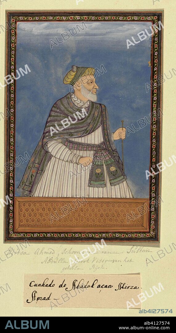 Portrait of Mirza Ahmad, who was the oldest son-in-law of Sultan Abdullah; he served as a vizier [with the title?] Ayn al-Mulk. Draughtsman: anonymous. Dating: c. 1686. Place: Golkonda. Measurements: h 203 mm × w 140 mm.