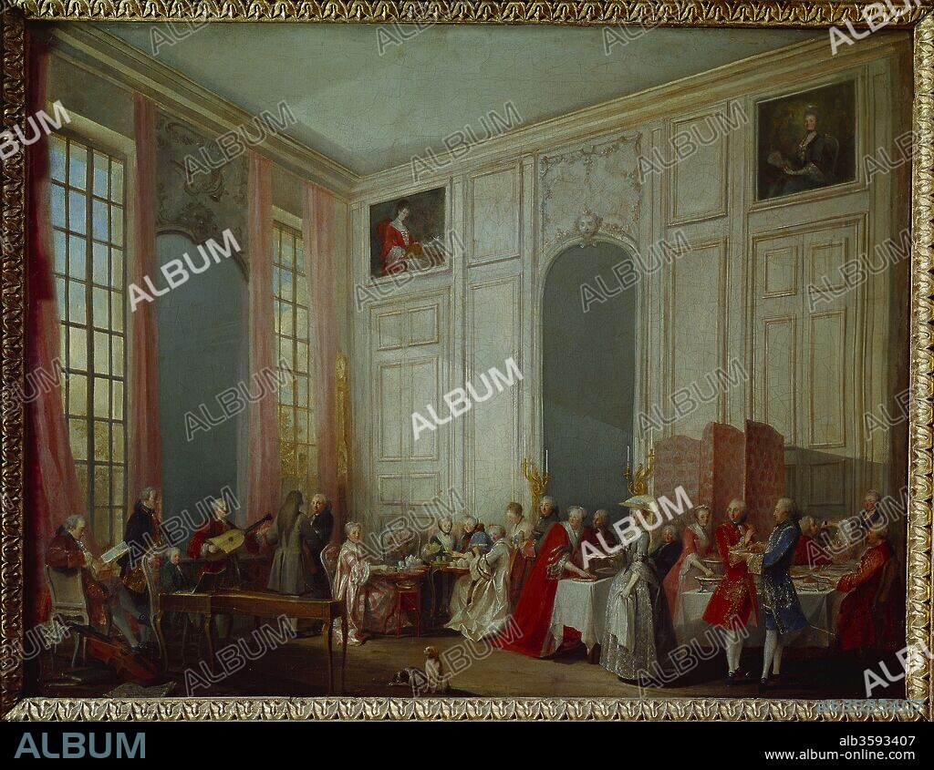 MICHEL BARTHELEMY OLLIVIER. Mozart Giving A Concert In The Salon des Quatre-Glaces at the Palais du Temple In The Court Of The Prince De Conti in 1766.