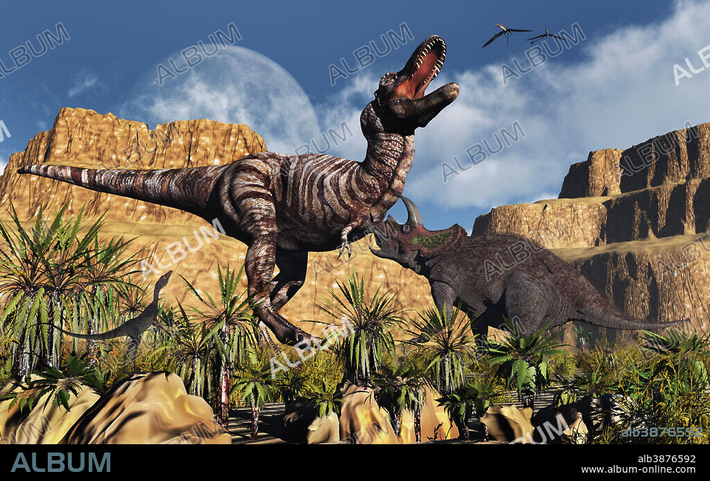 A classic confrontation between Tyrannosaurus Rex and Triceratops, as they engage in a battle to the death.