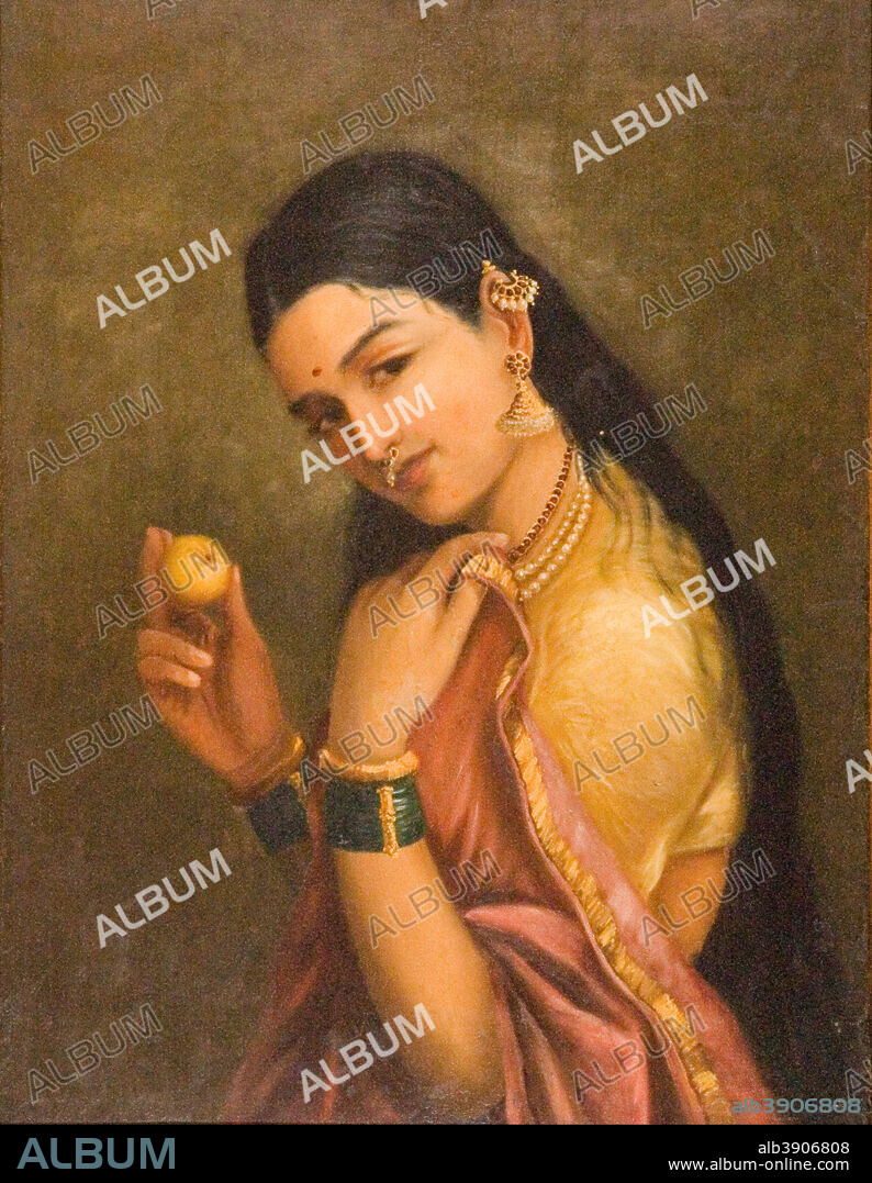 RAJA RAVI VARMA. Woman Holding a Fruit. Date/Period: Late 19th century. Painting. Oil on canvas. Height: 600 mm (23.62 in); Width: 450 mm (17.71 in).