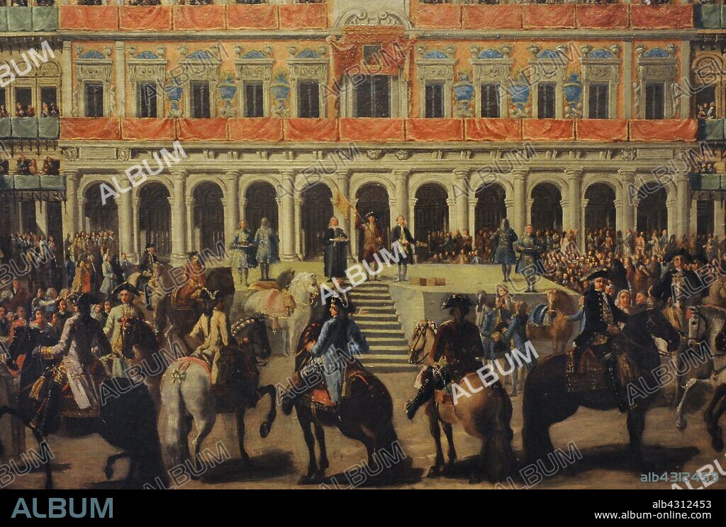Atribuído a Lorenzo de Quirós (1717-1789). Pintor español. Ornato de la Plaza Mayor con motivo de la entrada de Carlos III en Madrid, hacia 1760. Detalle. Museo de Historia. Madrid. España. (En depósito, cedida por la Real Academia de Bellas Artes de San Fernando, Madrid) .