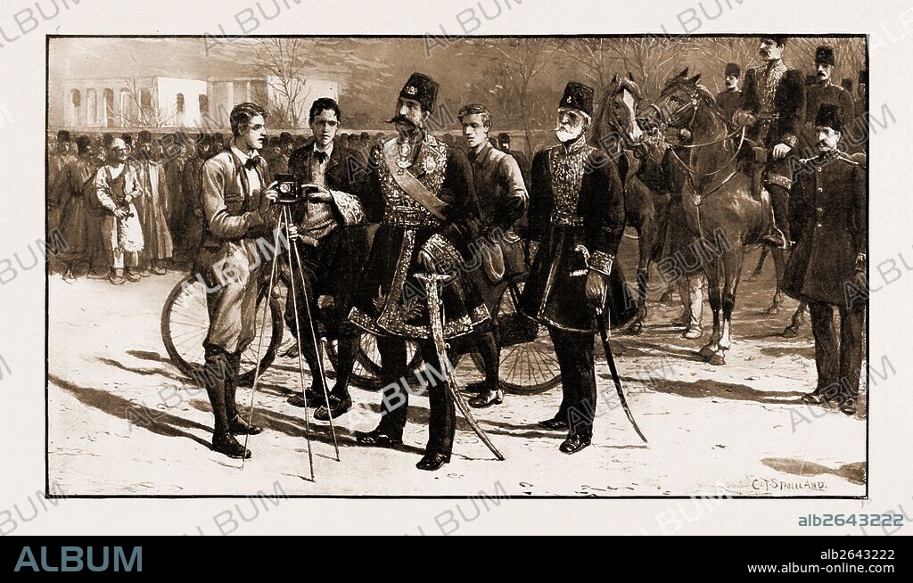 THREE ENGLISH CYCLISTS IN TEHERAN: EXPLAINING THE CAMERA TO THE SHAH, IRAN, 1897? Mr. John Foster Fraser, Mr. S. Edward Lunn, and Mr. F.H. Lowe. These cyclists have ridden right across Europe, through the Crimea, over the Caucasus into Asia.
