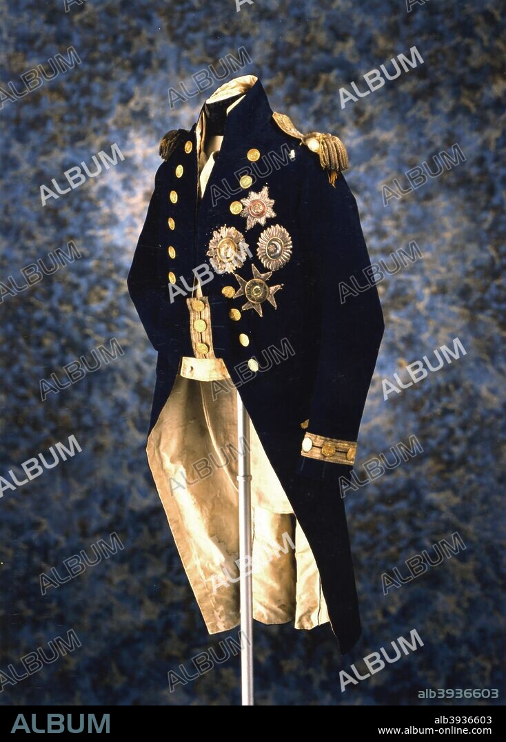 The uniform Admiral Lord Nelson wore when he was killed at the Battle of Trafalgar, 1805. Nelson was shot and fatally wounded by a French sharpshooter during the battle. The bullet hole can be seen in the left shoulder of this flag officer's indress coat.