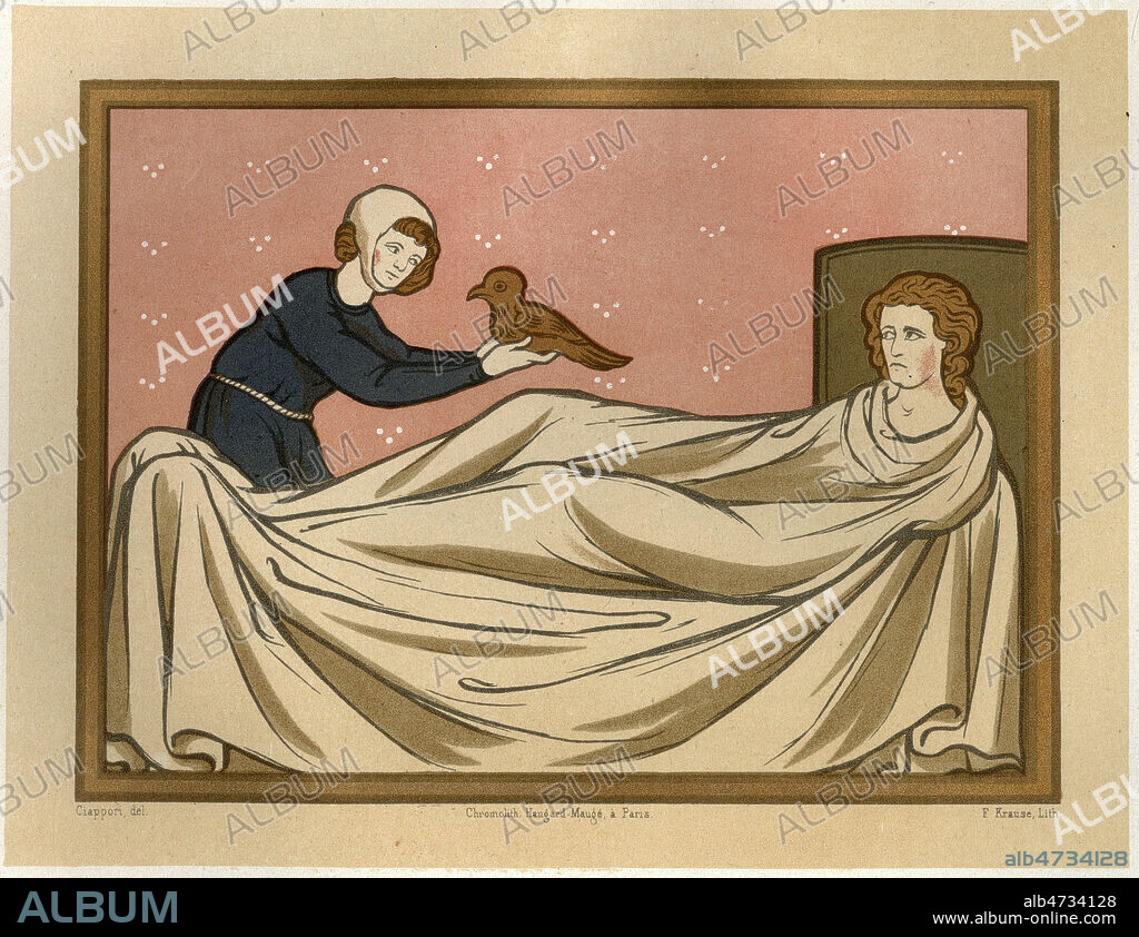 'La calandre', caladre ou caladrius, oiseau legendaire du moyen-age possedant des pouvoirs de guerison. Illustration par C. Ciappori tiree de l'ouvrage 'Les Arts Somptuaires' tome 1 publie en 1858. Fac-simile d'une miniature medievale du 13eme, 13e, XIIIeme, XIIIe siecle. Credit : Collection KHARBINE-TAPABOR.