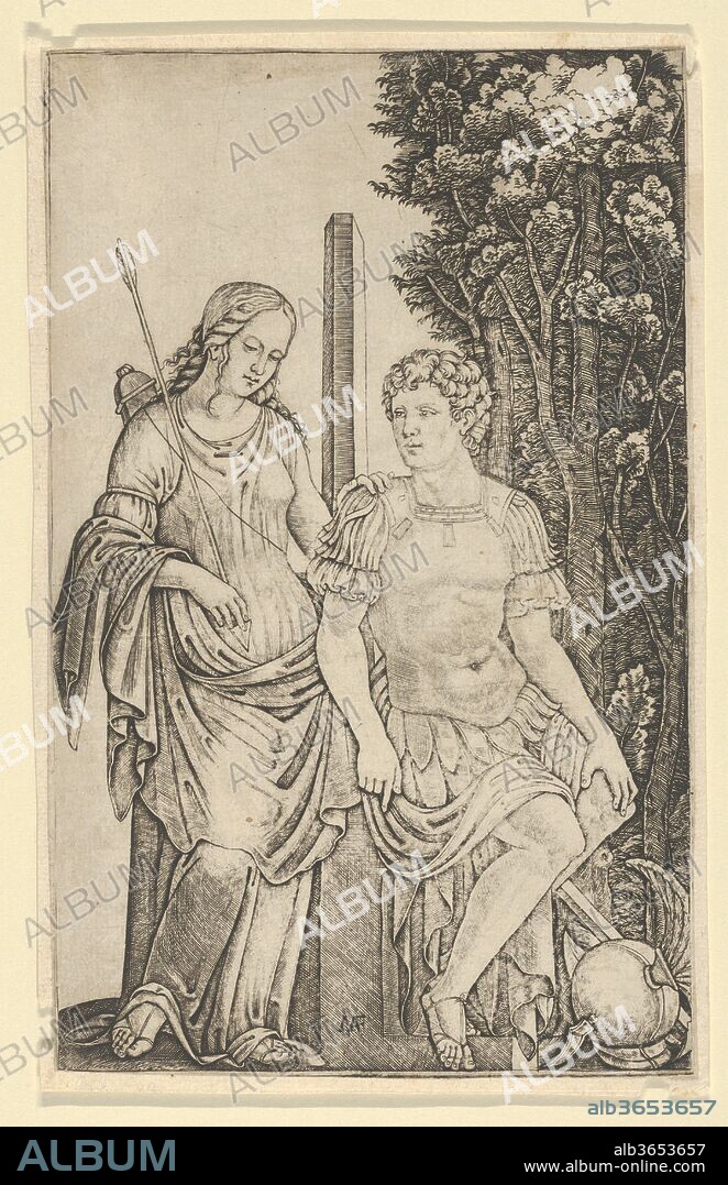 Venus standing at left resting her hand on the shoulder of Aeneas seated at right. Artist: Marcantonio Raimondi (Italian, Argini (?) ca. 1480-before 1534 Bologna (?)). Dimensions: Sheet: 7 5/16 × 4 9/16 in. (18.6 × 11.6 cm). Date: ca. 1500-1527.