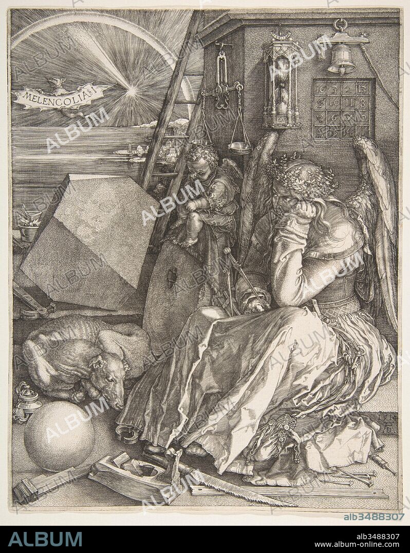 Melencolia I, 1514, Engraving; second state, sheet: 9 9/16 x 7 7/16 in. (24.3 x 18.9 cm) trimmed to plate line, Prints, Albrecht Dürer (German, Nuremberg 1471–1528 Nuremberg), The winged figure in Melencolia I has inspired many readings over its long history, although her ties to mathematical knowledge are often highlighted. Many of her accoutrements are borrowed from medieval and Renaissance allegories of geometry that personify it as a woman working at a table surrounded by tools.