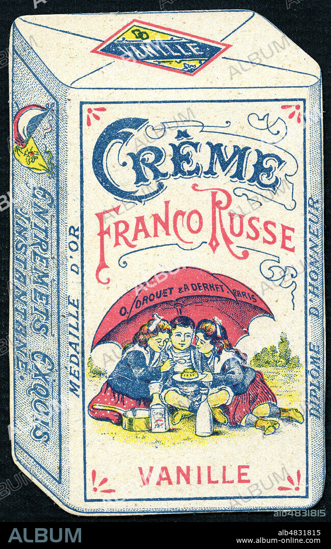 Entremet Creme francoRusse a la vanille Drouet et Denet. Illustration anonyme pour une carte publicitaire decoupee Credit : IM/Kharbine-Tapabor.