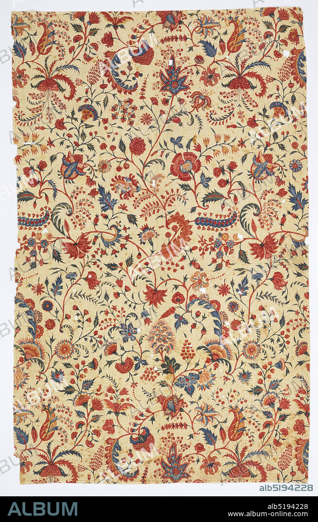 Textile, Medium: cotton Technique: mordant painted and resist dyed on plain weave (chintz) Label: mordant painted and dyed and resist dyed cotton (chintz), Finely woven cotton with an all-over, repeating floral design of small sprays of exotic flowers and foliage in many colors on a white ground. Strong reds in the blossoms with yellow, blue and green in the foliage, with fine filling patterns within leaves or flowers, as minute white flower sprays within a red leaf or tiny red flowers on a dark green leaf. Original glaze is still present but now dark with age., Coromandel coast, India for export, 17001750, printed, dyed & painted textiles, Textile.