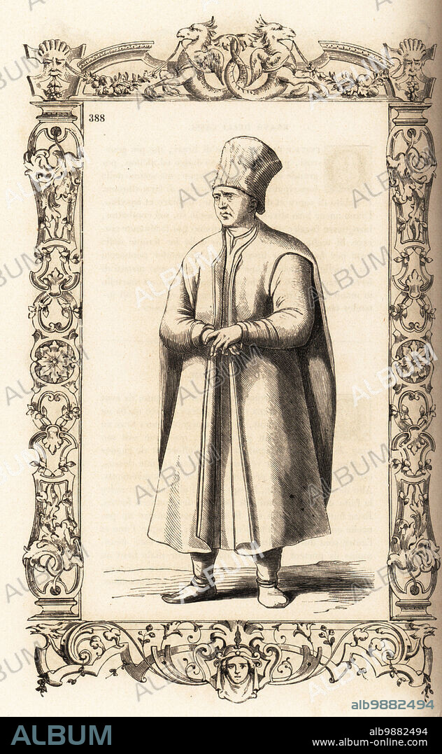 Enslaved man of a Turkish Pasha, Ottoman Empire, 16th century. They wear felt hats, robes of coarse cloth, Turkish slippers. Esclave de Bachas. Within a decorative frame engraved by H. Catenacci and Fellmann. Woodblock engraving by Gerard Seguin and E.F. Huyot after a woodcut by Christoph Krieger from Cesare Vecellios 16th century Costumes anciens et modernes, Habiti antichi et moderni di tutto il mondo, Firman Didot Ferris Fils, Paris, 1859-1860.