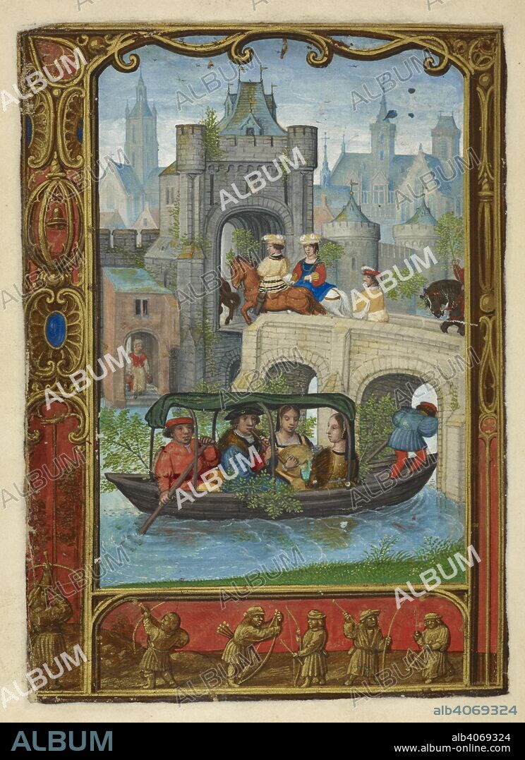 WORKSHOP OF SIMON BENING. Calendar scene for May: Boating party. (Below) Archery . The Golf Book. S. Netherlands (Bruges), 1520-1530. Source: Add. 24098, f.22v. Language: Latin.
