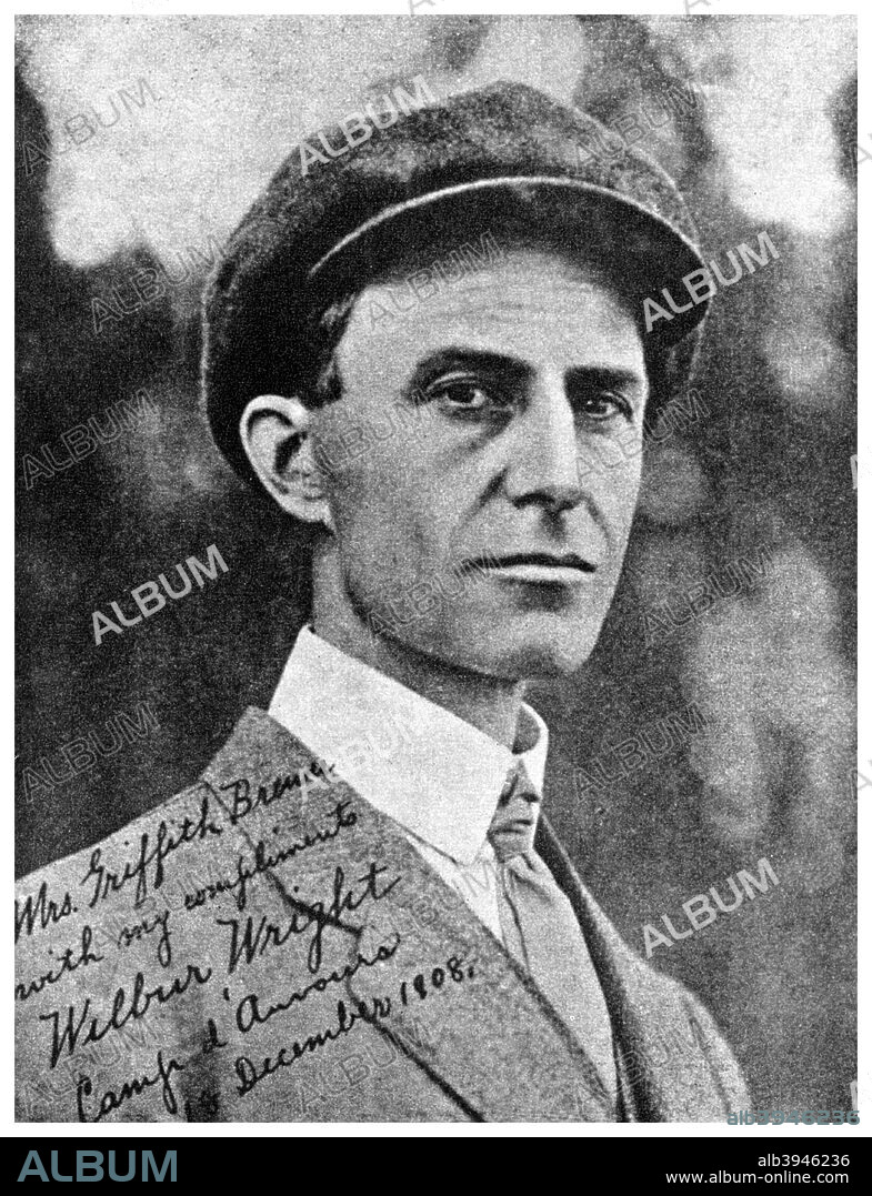 Wilbur Wright, American aviation pioneer, 1908 (1956). Wright, together with his brother Orville, was an American co-inventor of aircraft. They originally designed and built bicycles but changed their interest to flying, producing a controllable glider by 1902, and a year later the first aircraft, Flyer I. This was piloted by Orville on 17th December 1903 in the first powered and controlled aircraft flight. The Flyer III, built in 1905, was the first efficient plane and, by 1909, the American army had ordered a military version. From the Science Museum, London. A print from People, a volume about the origin and early history of many things, common and less common, essential and inessential, by Readers Union, the Grosvenor Press, London, 1956.
