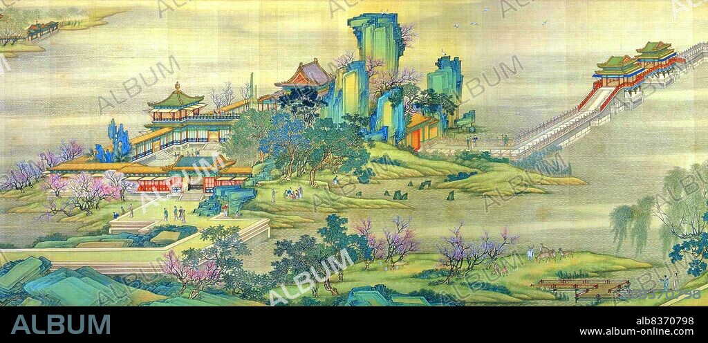 'Along the River During the Qingming Festival' is a painting by the Song dynasty artist Zhang Zeduan (10851145). It captures the daily life of people and the landscape of the Northern Song capital, Bianjing, today's Kaifeng. The theme is said to celebrate the festive spirit and worldly commotion at the Qingming Festival, rather than the holiday's ceremonial aspects, such as tomb sweeping and prayers.<br/><br/>. Successive scenes reveal the lifestyle of all levels of the society from rich to poor as well as different economic activities in rural areas and the city, and offer glimpses of period clothing and architecture. The scroll is 25.5 centimetres (10.0 inches) in height and 5.25 meters (5.74 yards) long. In its length there are 814 humans (of whom only 20 are women), 28 boats, 60 animals, 30 buildings, 20 vehicles, 8 sedan chairs, and 170 trees. The countryside and the densely populated city are the two main sections in the picture, with the river meandering through the entire length.<br/><br/>. The original painting is the most celebrated work of art from the Song dynasty. Due to this high artistic reputation, it has inspired several works of art that revived and updated the style of the original. The version presented here was made by five Qing dynasty court painters (Chen Mu, Sun Hu, Jin Kun, Dai Hong and Cheng Zhidao) and presented to the Qianlong Emperor on January 15, 1737.<br/><br/>. There are many more people, over 4,000, in the Qing remake, which also is much larger (at 11 metres by 35 cm, or 37 ft by 1 ft). The full scroll should be viewed from right to left.