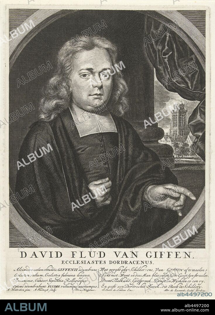 Portrait of David Flud van Giffen, Portrait half to the right of the theologian David Flud van Giffen, in an oval, with a view through a column in the Grote Kerk of Dordrecht in the background. At the bottom of his name and a four-line text, left in Latin, right in Dutch., Building of church, David Flud van Giffen, Adriaen Haelwegh (mentioned on object), after 21-Aug-1688 - 1697, paper, etching, h 297 mm × w 210 mm.