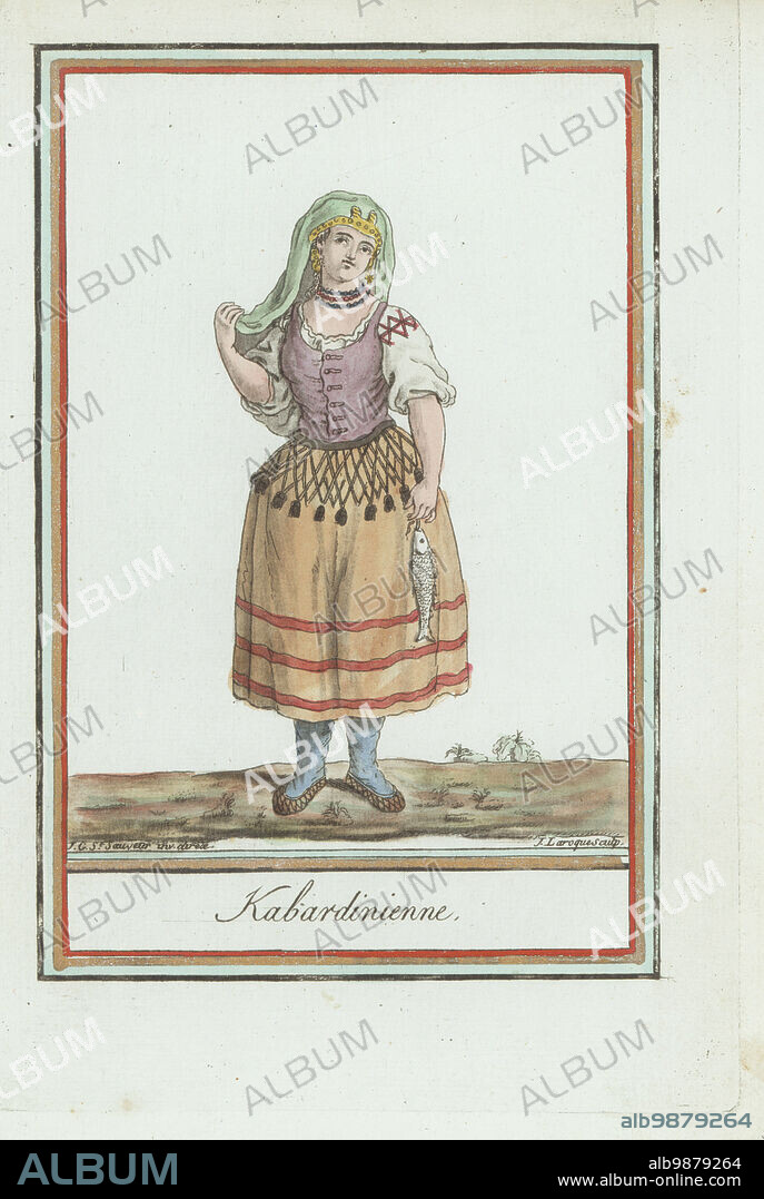 Kabardian woman, one of the 12 Circassian tribes. In veil, bodice, blouse, wide skirts, gaiters and shoes, holding a fish. Kabardinienne. Handcoloured copperplate engraving by J. Laroque after a design by Jacques Grasset de Saint-Sauveur from his Encyclopedie des voyages, Encyclopedia of Voyages, Bordeaux, France, 1792.