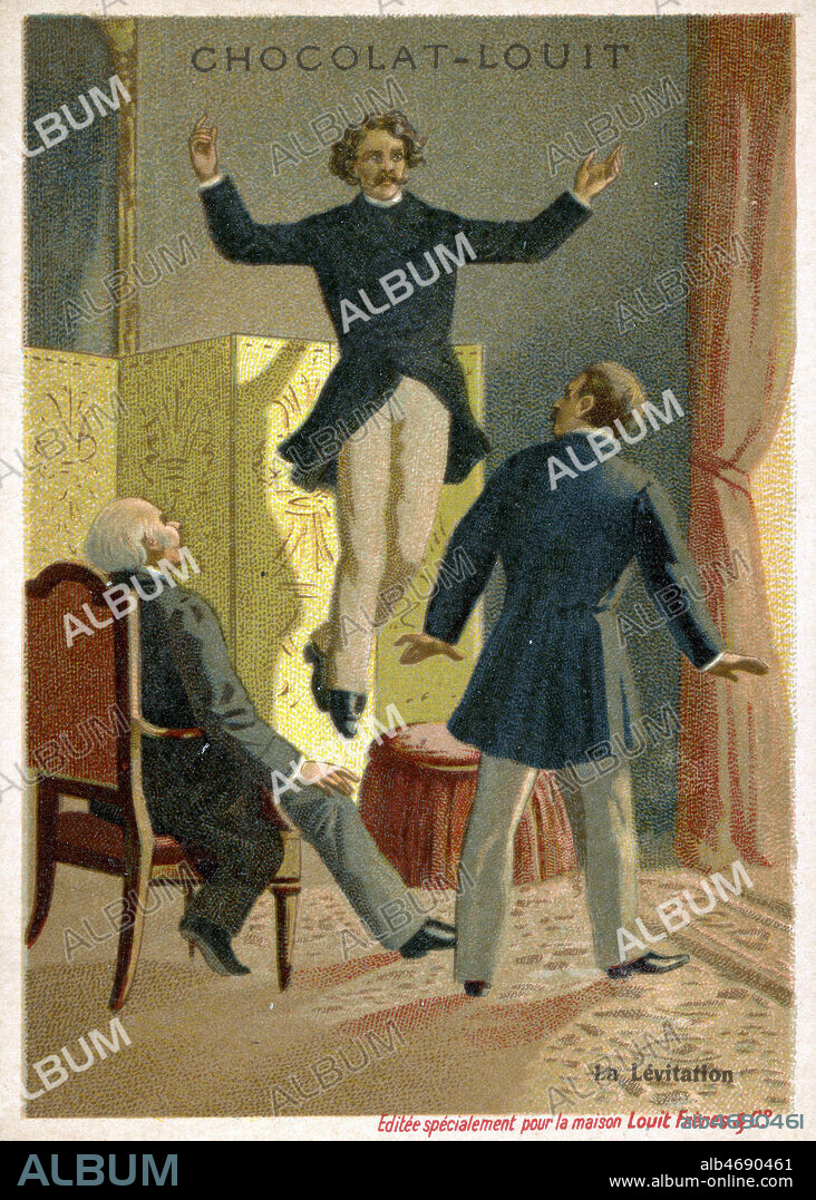 La Levitation. Daniel Dunglas HOME (1833-1886). Illustration anonyme pour un chromo publicitaire de la serie La science mysterieuse. Credit : Collection IM/Kharbine-Tapabor.