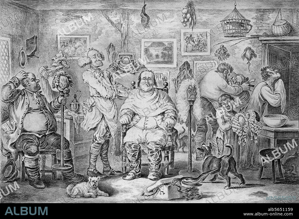 Crafts and trades:. barber. "A Barber's Shop in Assize Time". (caricature). Etching, 1811, by James Gillray. (1757-1815).