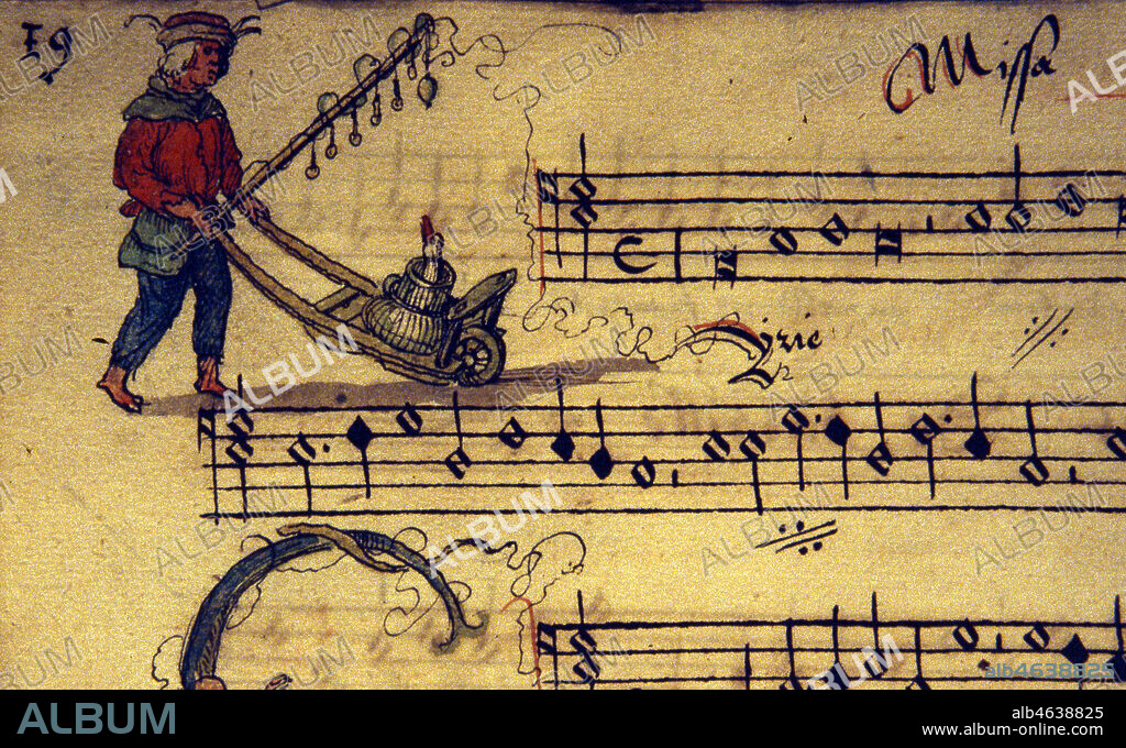Lettre ornee K. Colporteur avec brouette. Enluminure tiree d'un recueil de chansons datant de 1542 (16e, 16eme, XVIe s.). Manuscrit conserve a la bibliotheque municipale de Cambrai. Ms 128. Credit : Collection JEAN VIGNE / KHARBINE-TAPABOR.
