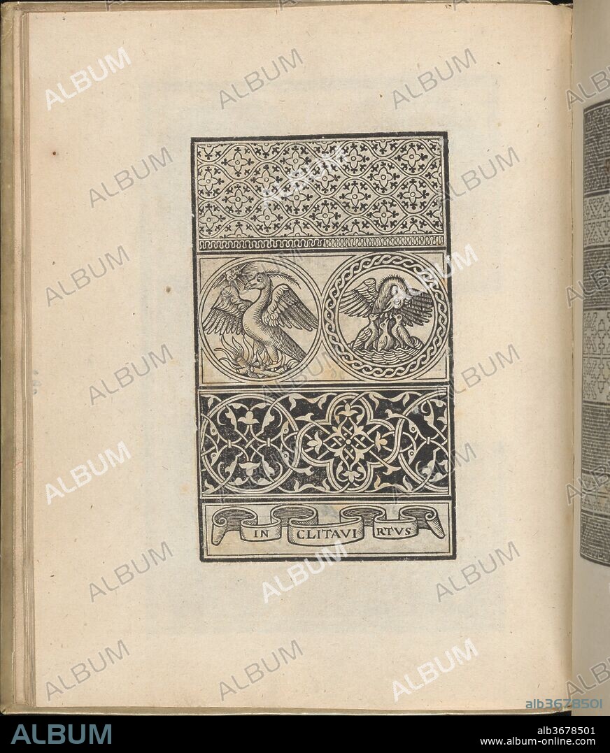 Trionfo Di Virtu. Libro Novo..., page 9 (verso). Dimensions: Overall: 9 13/16 x 7 7/8 in. (25 x 20 cm). Publisher: Matteo Pagano (Italian, 1515-1588) , Venice. Date: 1563.
Published by Matteo Pagano, Italian, 1515-1588, Venice.
From top to bottom, and left to right:
Design composed of 4 horizontal registers. First register is decorated with a pattern of mandorlas that each frame a 4-petaled flower in the center. Second register is decorated with 2 circles: left circle frames a bird standing on branches and right circle frames a bird feeding her babies in a nest. Third register is decorated with an alternating pattern of circles and quatrefoils that are superimposed with a Moresque pattern. Fourth register is decorated with a curving scroll upon which "IN CLITAVI RTUS" is inscribed.
