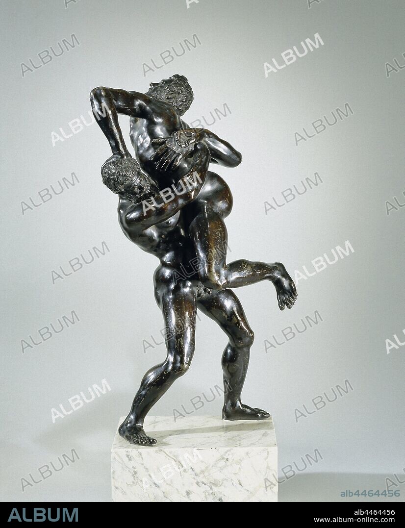 Hercules and Antaeus, The bearded Hercules is in staggered position with knees bent slightly and with the upper body slightly to the left and lifts Antaeus, which he holds with both arms around the waist, off the ground. He tilts in the opposite direction and tries to free himself from his opponent by pushing his head away with the left hand and pulling Hercules' arm away with the right, behind his back, pulling up his left lower leg and with his right foot against Hercules' hip outlet. On base., Giambologna (follower of), Florence, c. 1600 - c. 1625, bronze (metal), h 51 cm × h 39 cm × w 19 cm × d 21 cm × w 6.9 kg.