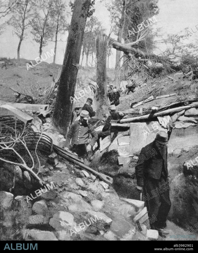 French soldiers going through a trench after a heavy German bombardment, World War I, 1915. 'A print from the Le Flambeau (the Torch), 18 September 1915.