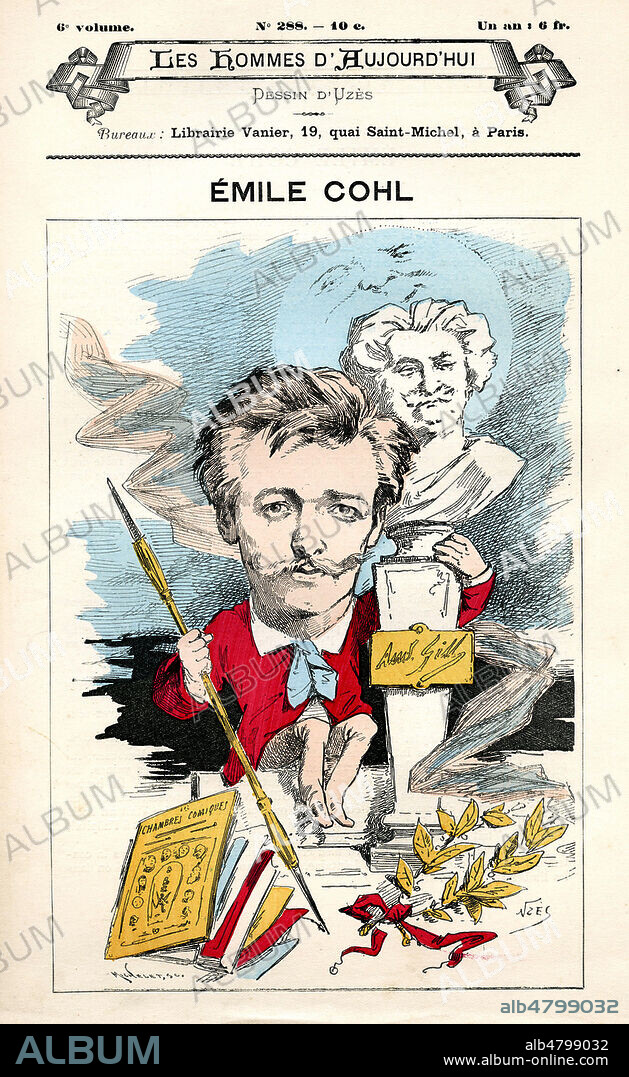 Emile COHL (1857-1938) pres du buste d'Andre GILL (1840-1885). Caricature d'UZES (pseud. d'Achille Lemot) pour Les Hommes d'Aujourd'hui n°288. Credit : Collection Jonas/Kharbine-Tapabor.