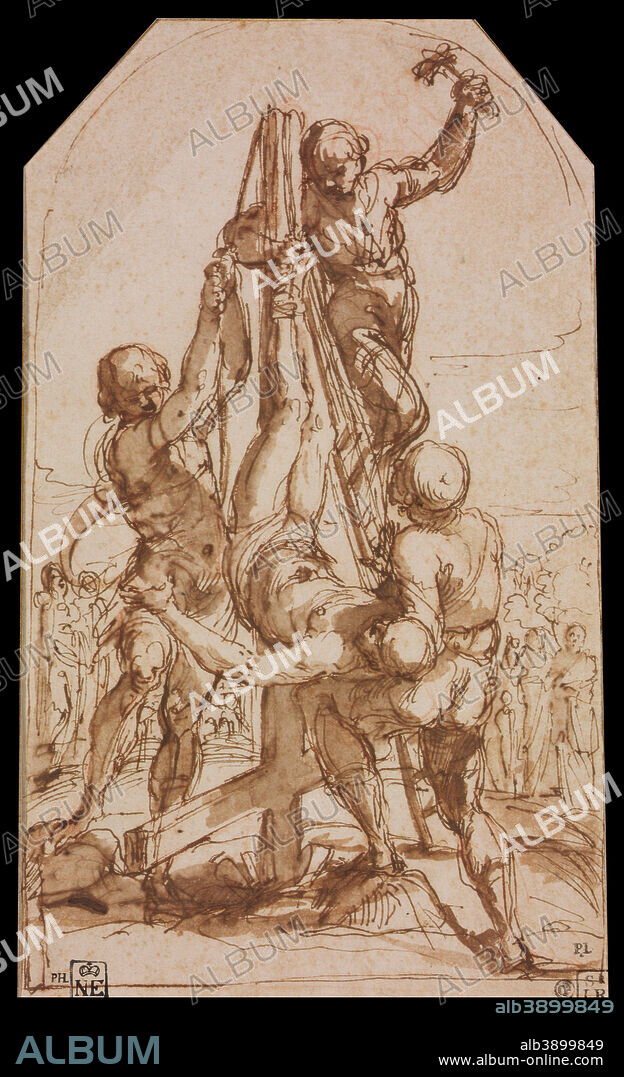 GUIDO RENI. Crucifixion of Saint Peter. Date/Period: 1604. Drawing. Pen, brown ink and brown wash over red chalk on paper. Height: 230 mm (9.05 in); Width: 137 mm (5.39 in).