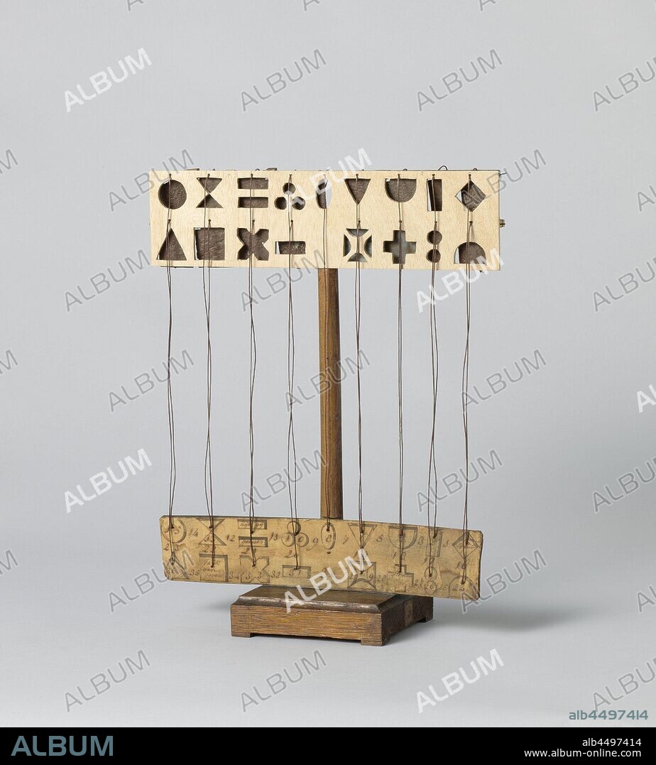 Model of an Optical Telegraph, Model of an optical (light) telegraph on a wooden base, in very poor condition. A wooden projector board is hung on top of a mast with seventeen sawn-out geometric figures in two rows. The same figures are drawn below on a paperboard-operated control board. The cut-out figures above are covered with lead valves, which can be lifted with strings through the corresponding figures below, so that the figure lets light through. Thirty-six combinations of figures are indicated on the paper below. Four service signals have been explained in Dutch. A label with the number 3 is attached to the base., anonymous, Netherlands, c. 1795 - c. 1800, wood (plant material), iron (metal), rope, paper, model: h 33.5 cm × w 28.8 cm × d 12.1 cm packaging capsule: h 40.5 cm × w 32.5 cm × d 15.5 cm.