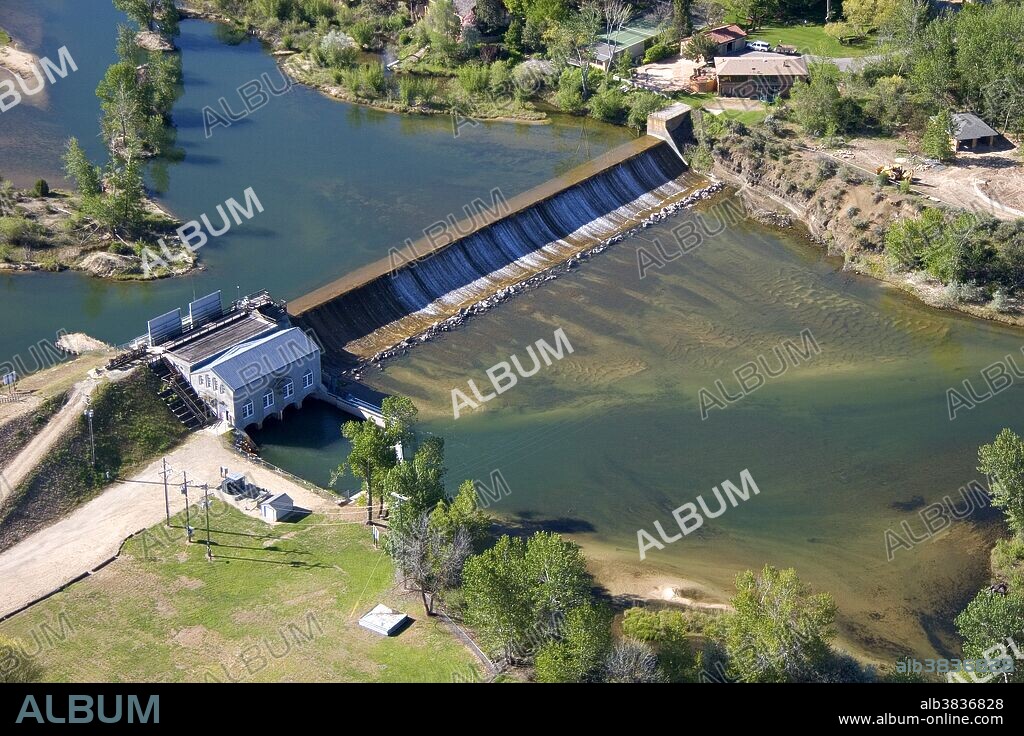 Aerial view of historic Barber Dam on the Boise River in Boise, Idaho.