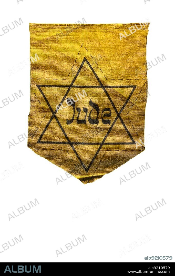 German Jewish badge showing yellow star saying Jude against white background.