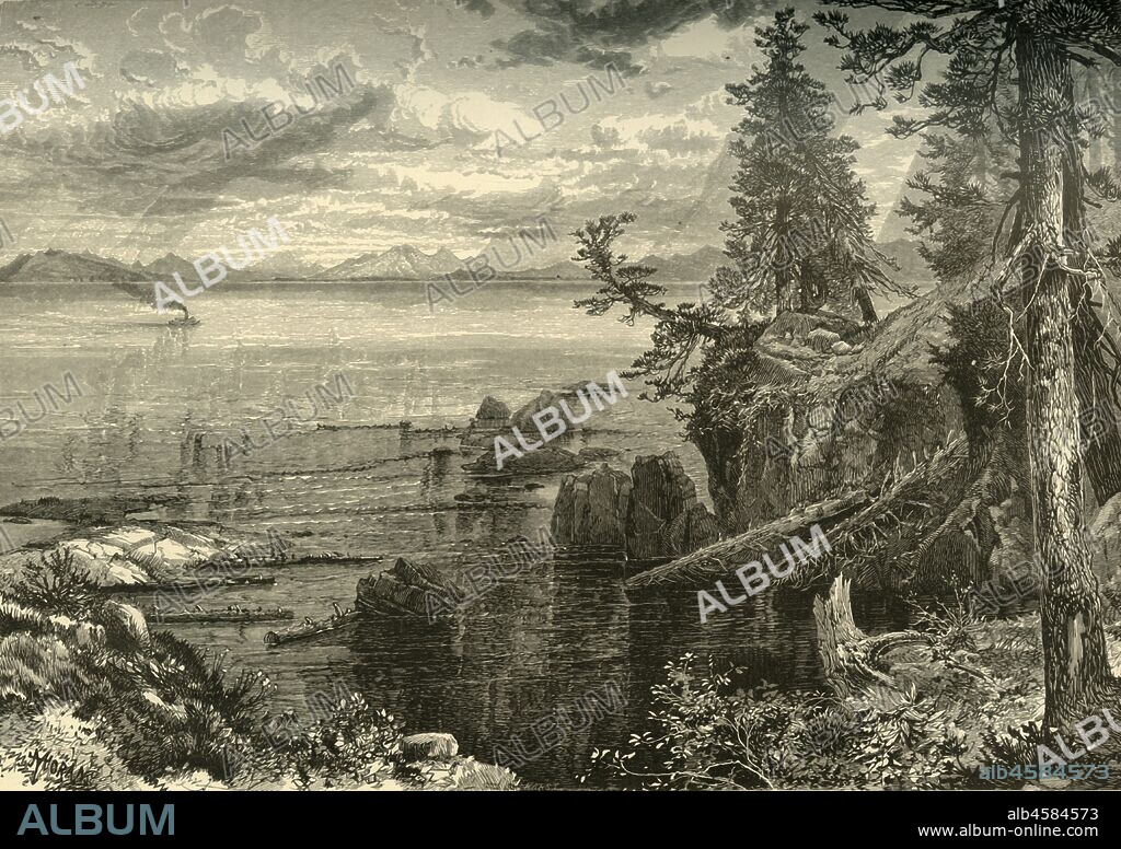 JOHN KARST. 'Lake Tahoe', 1874. Large freshwater lake which straddles California and Nevada, in the Sierra Nevada, USA. 'Though it lies under the unbroken sunlight through a great part of the summer weather, there is perpetual variation in the great mountain-shadows, and in breeze and calm on the surface. There is a climate here that makes almost the ideal atmosphere. It is neither cold to chilliness nor warm to discomfort, but always bracing, invigorating, inspiring with a kind of pleasant and energetic intoxication...There are trout in the waters around, and fishing here is more than sport - it is a lounge in dream-land, a rest in a region hardly surpassed anywhere on the globe'. From "Picturesque America; or, The Land We Live In, A Delineation by Pen and Pencil of the Mountains, Rivers, Lakes...with Illustrations on Steel and Wood by Eminent American Artists" Vol. II, edited by William Cullen Bryant. [D. Appleton and Company, New York, 1874].
