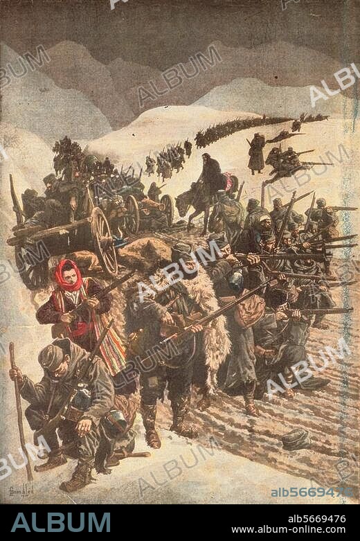 1. Weltkrieg / 2. Serbischer Feldzug der vereinigten deutschen, österr. u. bulgar. Kräfte Okt.-Dez. 1915. "L'exode d'un peuple / L'armee serbe protegeant les convois des paysans qui fuient vers l'Albanie". Farbdruck. Aus: Le Petit Journal, Supplement illustre, 26. Jg., Paris, 26. Dezember 1915. Berlin, Sammlung Archiv für Kunst und Geschichte.