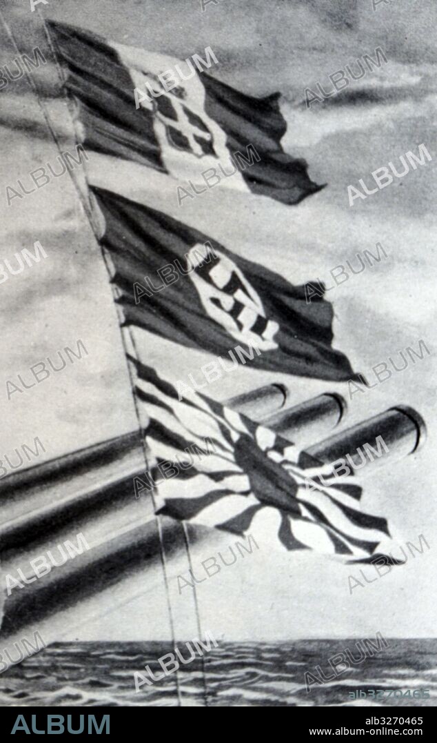 Propaganda postcard showing the flags of Nazi Germany, Fascist Italy and Imperial Japan. Dated 20th Century.