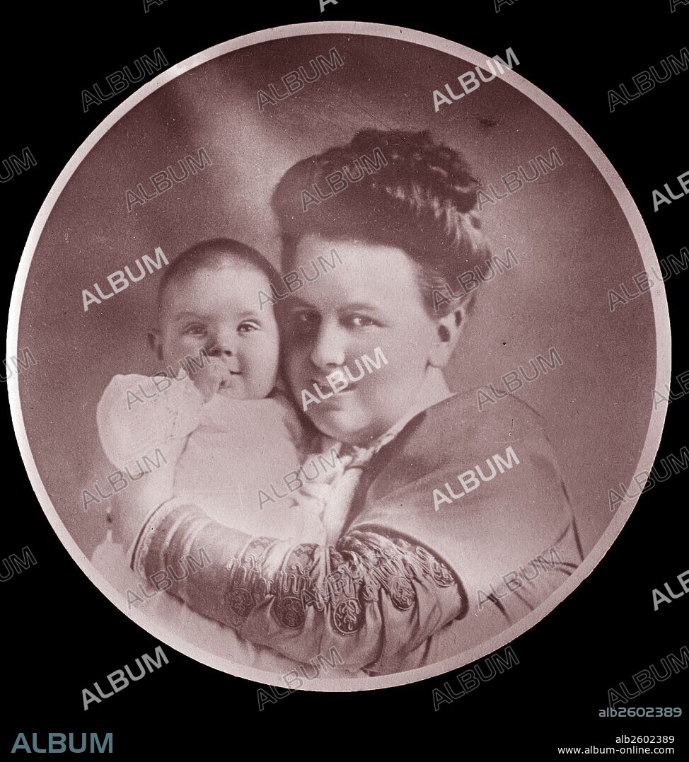 Queen Emma of Holland (2 August 1858 – 20 March 1934) was Queen of the Netherlands and Grand Duchess of Luxembourg as the wife of King-Grand Duke William III. Shown in 1880 with the infant (later Queen) Wilhelmina.