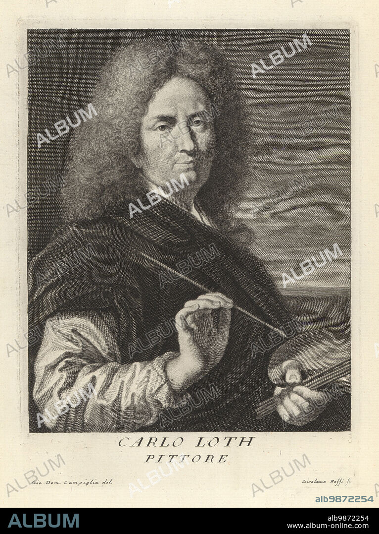 Johann Carl Loth, German Baroque painter who spent most of his life in Venice, 1632-1698. Also painted a portrait of the Emperor in Vienna. Johann Karl, Karel or Carlotto Lotti. Carlo Loth, Pittore. Copperplate engraving by Girolamo Rossi after Giovanni Domenico Campiglia after a self portrait by the artist from Francesco Moucke's Museo Florentino (Museum Florentinum), Serie di Ritratti de Pittori (Series of Portraits of Painters) stamperia Mouckiana, Florence, 1752-62.