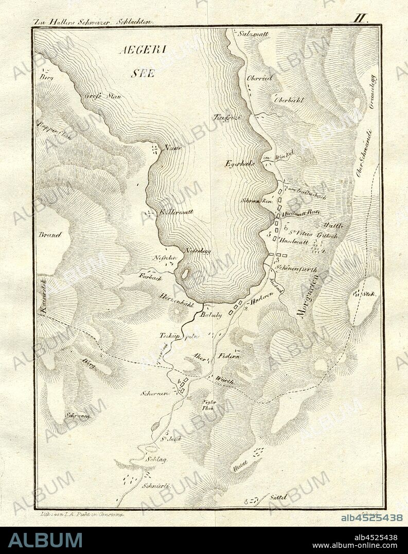 The Battle of Morgarten on the 16th winter month 1315, Map of the Battle of Morgarten on November 15, 1315, Signed: Lithograph by I. A. Pecht; Chess ?, Taf. II, after p. 423, Pecht, Johann Andreas (lith.), Franz Ludwig Haller: Darstellung der merkwürdigsten Schweizer-Schlachten vom Jahr 1298 bis 1499: nach den Grundsätzen der Strategie und Taktik beschrieben. Constanz: Verlag von W. Wallis, 1826.