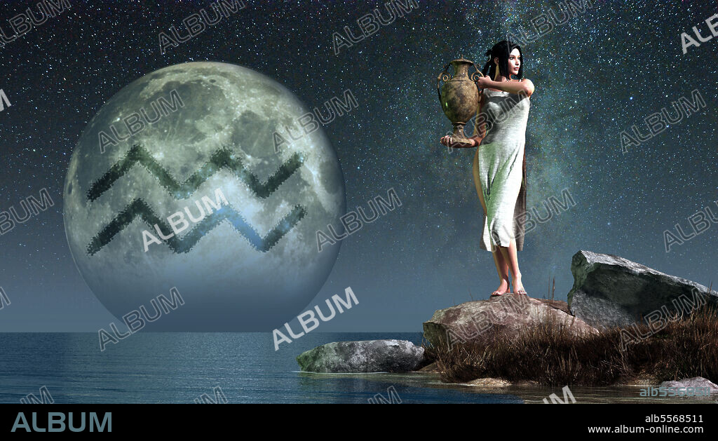 Aquarius is the eleventh astrological sign of the Zodiac. Its symbol is the water carrier, here depicted as a lovely woman carrying an urn.