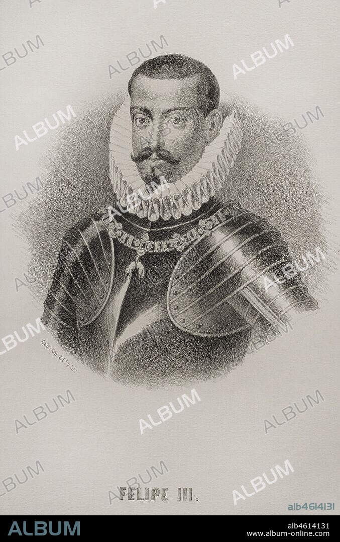 Philip III (1578-1621). King of Spain (1598-1621) and also, as Philip II, King of Portugal, Naples, Sicily and Sardinia. Portrait, 19th century. Illustration by Cebrian. Lithography. Cronica General de Espa–a. Historia Ilustrada y Descriptiva de sus Provincias. Valencia, 1867.