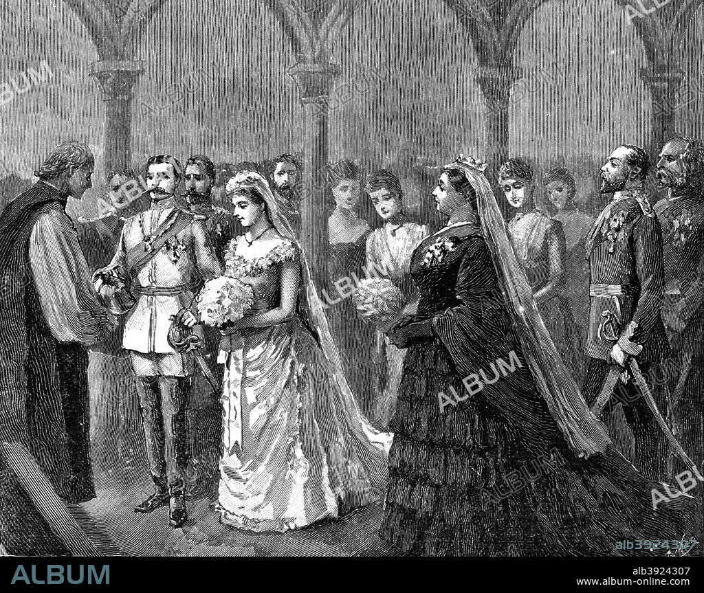 Marriage of the Princess Beatrice Mary Victoria Feodora Wettin and Prince Henry of Battenberg, 23 July 1885, (1900). Beatrice, daughter of Queen Victoria, married Prince Henry at at St Mildred's Church, Whippingham, on the Isle of Wight. Illustration from The Life and Times of Queen Victoria by Robert Wilson, Volume IV, (Cassell and Company, London, Paris, New York, Melbourne, 1900).