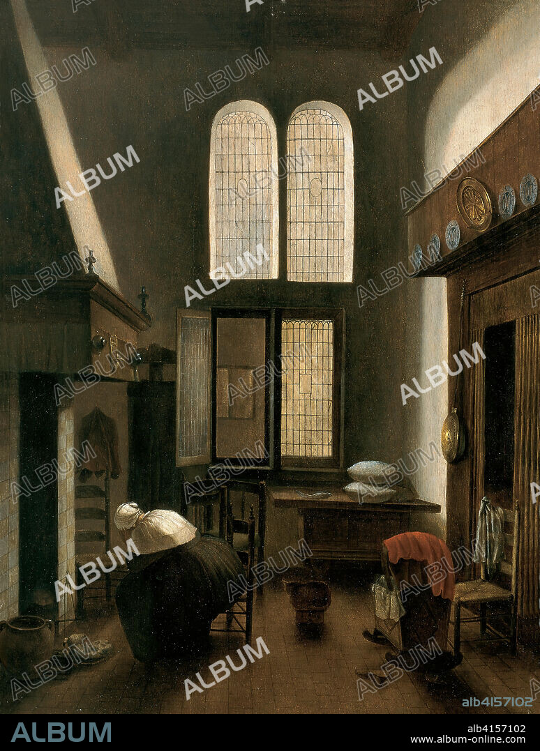 Jacobus Vrel (Activo en Holanda c. 1654 -1662). Interior con una mujer sentada junto al hogar (hacia 1654). Óleo sobre tabla. 64,5 x 47,5 cm.