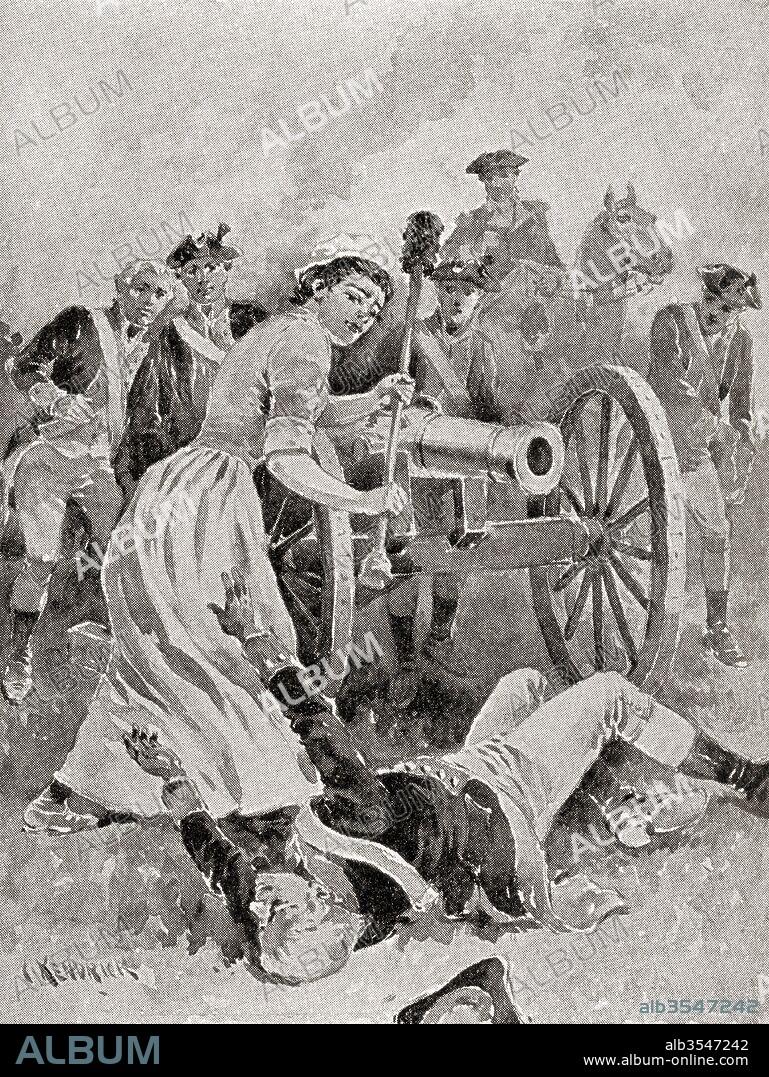 Molly Pitcher at Monmouth. Nickname of a woman said to have fought in the Battle of Monmouth, during the American Revolutionary War, generally believed to have been Mary Ludwig Hays McCauley, 1754-1832. From The History of Our Country, published 1900.