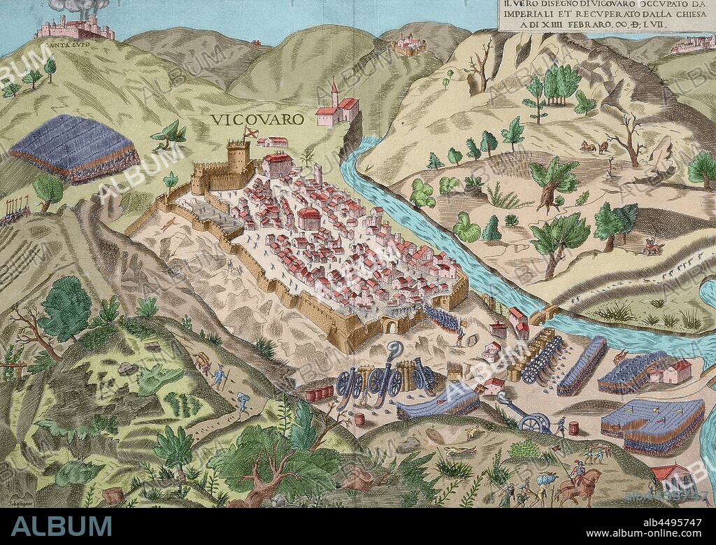 Vicovaro, Italy. War between Paulo IV (1476-1559) and Philip II of Spain (1527-1598). The castle of Vicovaro was occupied by Vespasiano I Gonzaga (1531-1591), commander of the imperial troops. On February 14, 1557, the pontifical troops reconquered it after a continued siege for fifteen days, returning to obedience to the Holy See. Italian engraving, 16th century. Later colouration.