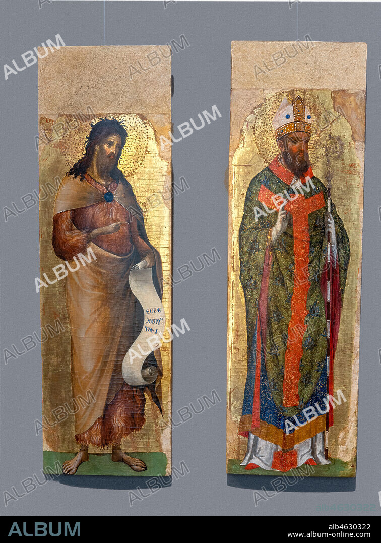 Brescia, Pinacoteca Tosio Martinengo: "St. Joh the Baptist, , St. Bishop (S. Ambrose?), St. Bishop (S. Augustine?), St. Paul, " by Paolo Veneziano, 1340-5. Tempera on panel. Detail with St. John the Baptist and St. Bishop.