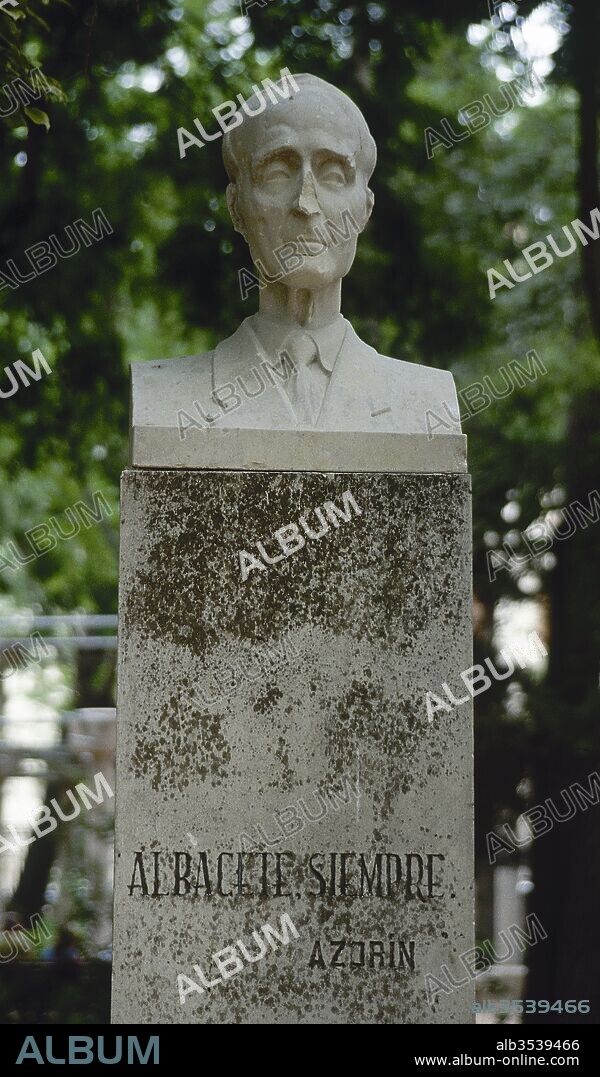 Azorin, pseudonym of Jose Martinez Ruiz (Monovar, 1873-Madrid, 1967). Spanish writer. Bust by Andres Tendero, 1965. Abelardo Sanchez Park. Albacete, Castile-La Mancha, Spain.