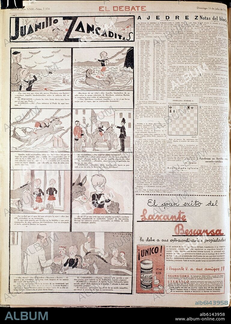 PERIODICO EL DEBATE - 16/7/1933 - JUANILLO ZANCADITAS - ANUNCIO LAXANTE "BESCANSA".