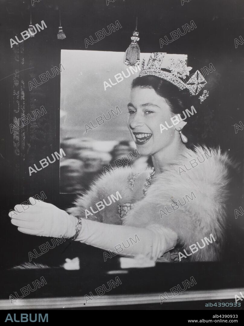 Photograph - H.V. McKay Massey Harris, Portrait of Queen Elizabeth II, London, England, 1953, Photograph depicting the Queen Elizabeth in 1953. It comes from a photograph album containing one hundred and four black and white photographs and three colour transparencies depicting H. V. McKay Massey Harris agents, groups, portraits, machinery and events dating from May 1951. series of 'Guard Books'. Part of a collection of photographs, negatives,.