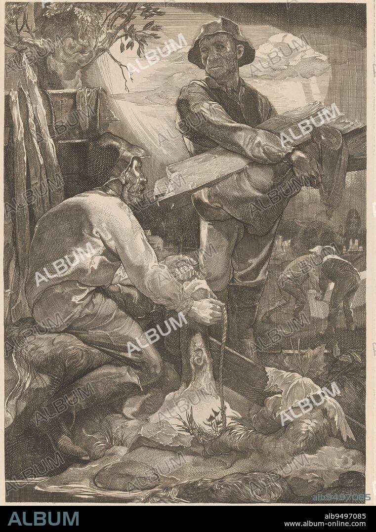 Two workers with rope and planks, Johannes Josephus Aarts, 1881 - 1934, Two workers with hats, one sitting and the other standing. The seated man ties a rope around a tree trunk. The standing man is holding a pile of demolition wood. In the background, two workers pry with a rod under a rectangular object., print maker: Johannes Josephus Aarts, 1881 - 1934, paper, engraving, h 403 mm × w 275 mm.